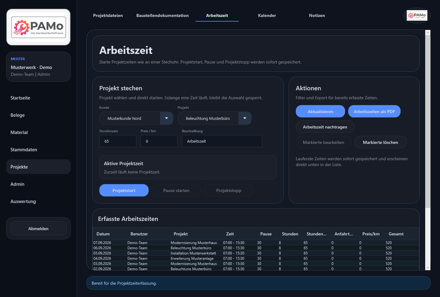 PAMo-Arbeitszeiterfassung – echte PAMo-Windows-Oberfläche mit erfundenen Beispieldaten