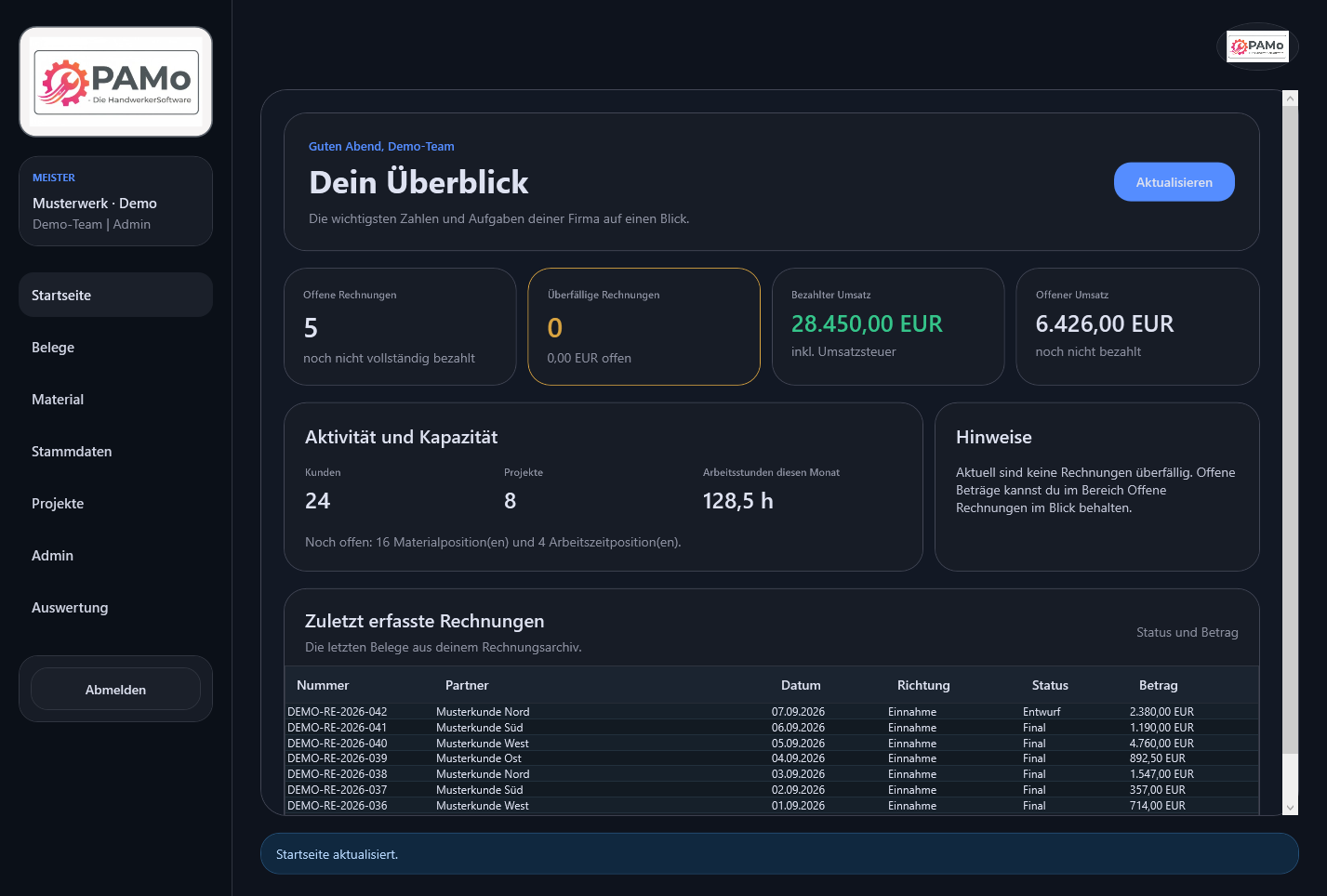 Offene Rechnungen, Umsatz, Projekte und Arbeitsstunden in der Windows-Anwendung. Ausschließlich erfundene Beispieldaten.