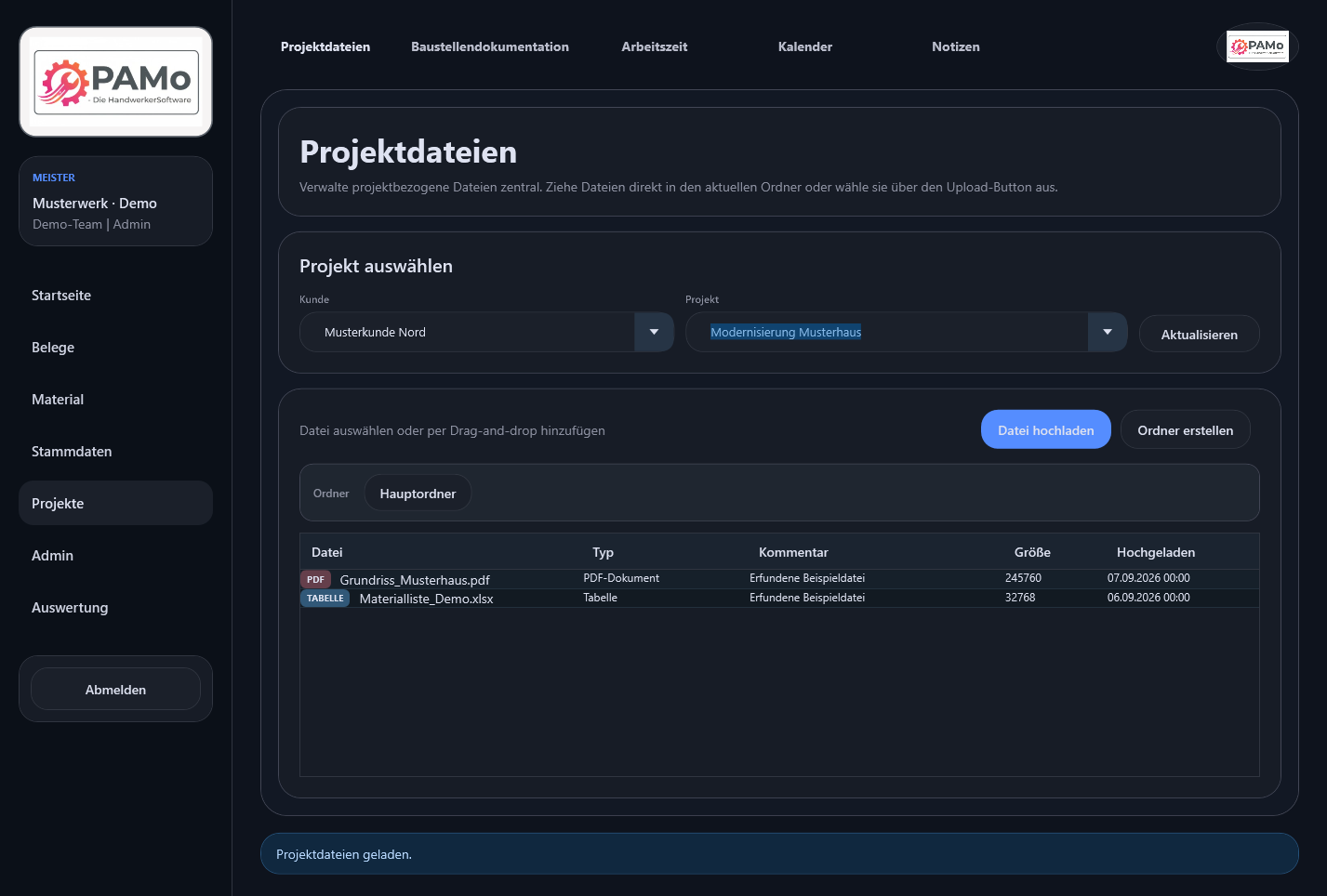 PAMo-Projektdateien – echte PAMo-Windows-Oberfläche mit erfundenen Beispieldaten