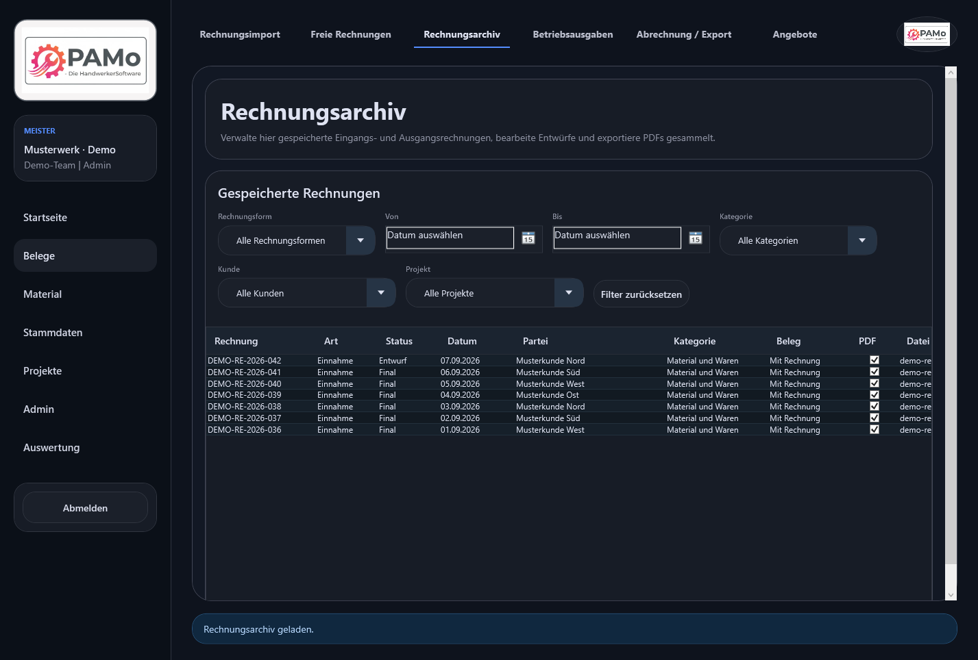 Das echte PAMo-Rechnungsarchiv mit Filtern und eindeutigem Rechnungsstatus. Ausschließlich erfundene Beispieldaten.